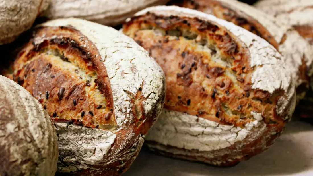 Rustic artisan sourdough loaves dusted with flour — daily bread, freshly baked