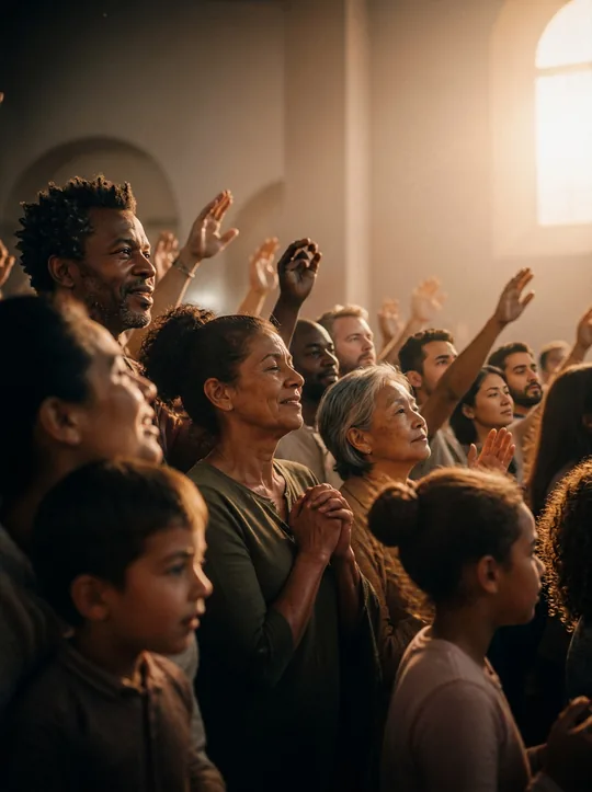 A community gathered together in warm light — hands lifted, faces of quiet joy